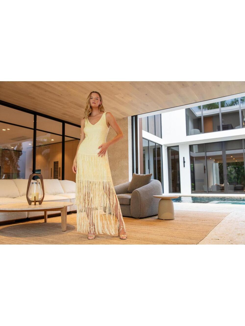 Badgley Mischka Emilia Tiered Sequin Fringe V-Neck Dress Butter Yellow * 4 Party - Picture 4 of 8